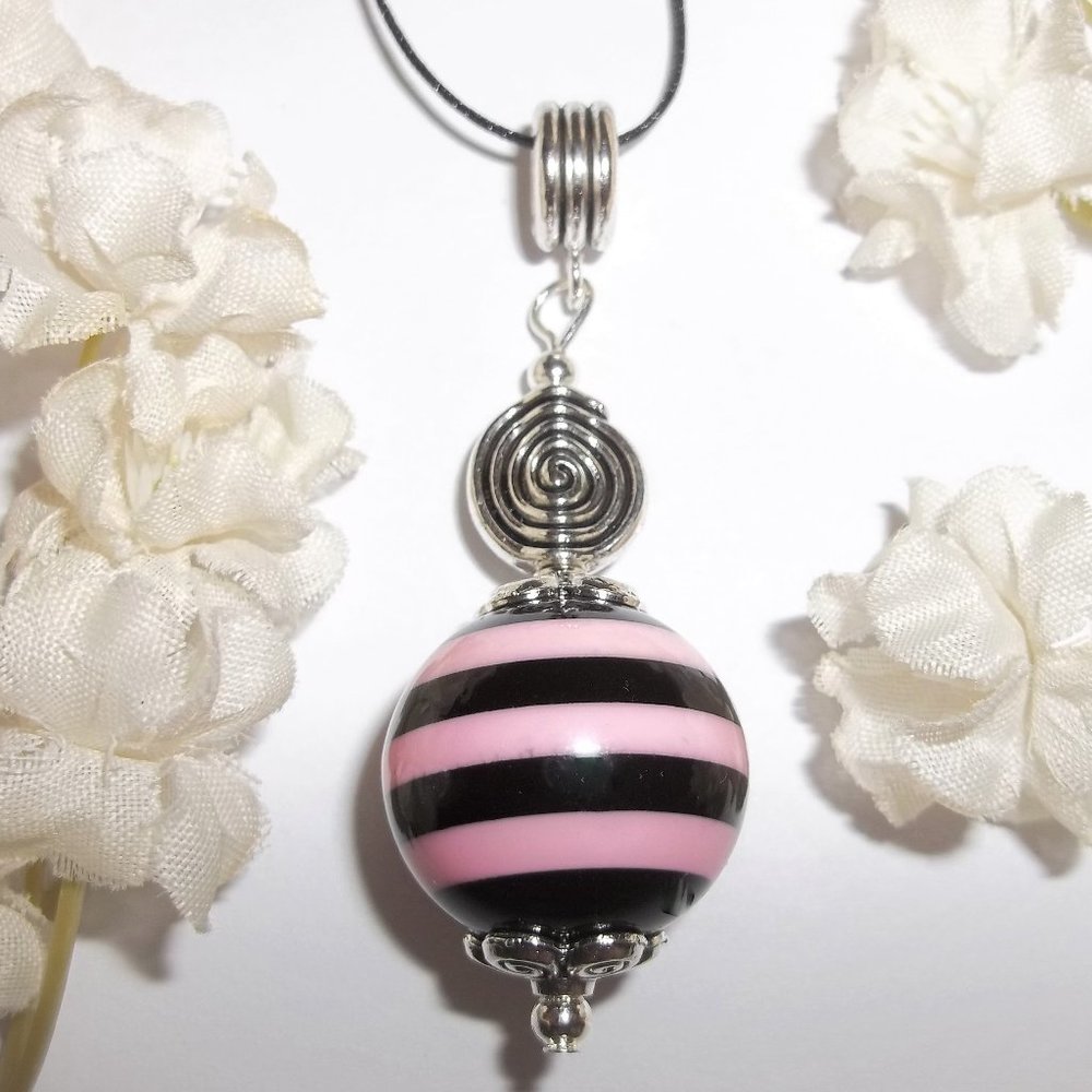 Statement Necklace Pink and Black Stripe 6591